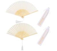 TSKDKIT 2 Pcs Abanicos de Mano Plegable Blanco, Abanicos de Tela con Borla y Bolsa de Abanico, Abanicos Boda para Invitados Abanicos para Refrescarse en Verano Boda Favor Decoración de Baile