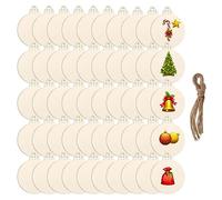 TSKDKIT 50 bolas de Navidad de madera con cordeles, rodajas redondas de madera en blanco, suministros de manualidades para hacer, bolas de Navidad personalizadas hechas a mano para árbol de Navidad y