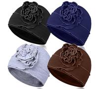 TSKNOMO Juego de 4 sombreros de quimioterapia para mujer, gorro de cáncer transpirable, gorro de quimioterapia elástico para mujeres con pérdida de cabello, Negro+gris claro+azul marino+marrón, Talla