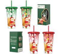 TSLBW Vaso de Bebida Fría Que Cambia de Color 4 Piezas Vasos de plástico de Navidad Vasos de viaje reutilizables con tapas y pajitas Taza de café helado Vasos de cambio de bebida de agua fría, 710 ml