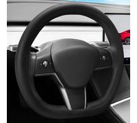 TSLDRV Funda para Volante de Piel de napa para Tesla Model Y Juniper, Accesorios 2025/Model 3, Accesorios Highland 2024 2025, Antideslizante, Transpirable, Protector de Volante, Negro Mate