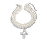 TSMORY Collar de perlas y cruces para mujer, elegante gargantilla de capa dorada con colgante llamativo y cadena de hebillas ajustables, As shown in the figure, Cadena de hierro + perla de imitación +
