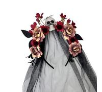 TSMORY Diadema de bruja de Halloween con diseños de flores de calavera, velo de tul para el Día de los Muertos, accesorios de disfraces, accesorios de festival, velo decorativo para fiesta de