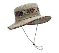 TSMORY Elegante sombrero de pescador con estampado étnico, cómodo diseño de mezcla de algodón ventilado para festivales al aire libre, viajes, caqui, XS-XL