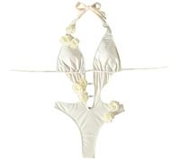 TSMORY Traje de baño monokini con cuello en V y espalda descubierta para mujer, traje de baño con perlas y flores adornadas, pieza de cuello halter para surf, pieza de mujer, traje de baño monokini