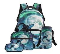 TSOVTHRID 4 mochilas para la escuela para niños, mochila ligera para niñas con lonchera para niños de 10 a 12 años, Aurora Moon Whale