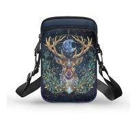 TSOVTHRID Bandolera pequeña para niños, con bolsillo frontal, Ciervo, hojas verdes, luna, azul galaxia