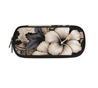 TSOVTHRID Estuche para lápices, estuche para lápices con múltiples ranuras, bolsa portátil, estuche para bolígrafos para oficina y escuela, Flores de hibisco gris dorado, Estuche de belleza