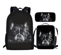 TSOVTHRID Juego de 3 mochilas de viaje para mujeres, hombres y niños, mochila para el almuerzo y estuche para bolígrafos, Bulldog francés negro