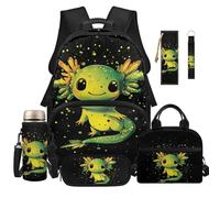 TSOVTHRID Mochila con lonchera para niñas, 6 en 1, 17 pulgadas, con estuche para lápices, funda para botella, llavero marcapáginas, Axolotl verde neón, Mochilas de día