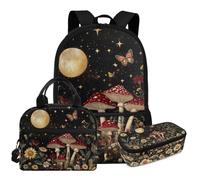TSOVTHRID Mochila para la escuela y niños, 3 unidades, ligera, con fiambrera, para niños de 9 a 10 años, Mushroom Moon Butterfly