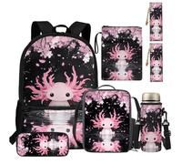 TSOVTHRID Mochila para niños de 6 a 8, 4 a 6, 8 a 10 años, con lonchera 6 en 1, 17 pulgadas, Axolotl Sakura Cherry Blossom, Mochilas de día