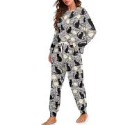 TSOVTHRID Pijama de Halloween para mujer adulta, cuello redondo, talla S, conjunto de pijama acogedor para mujer, conjunto de 2 piezas, Black Cat Moonlight, M