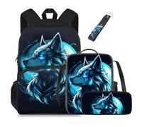 TSOVTHRID Wolf - Mochila 4 en 1 ligera para niños de 6 a 8 años, mochila escolar con bolsa de almuerzo, Lobo azul luna