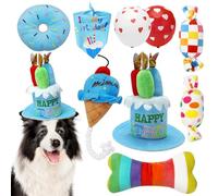 Tsudoku Juego de juguetes de cumpleaños para perros, 9 piezas de juguete de peluche para perros pequeños, incluye sombrero chirriante para pastel, bandana, juguetes temáticos de postres, globos, para