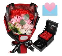 Tsudoku Ramo de rosas artificiales, flores rojas preservadas con collar de amor para ella, regalos para el día de San Valentín, día de la madre, Acción de Gracias, cumpleaños, aniversario
