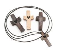 TSUOUKL 4 Piezas Juego de Cruces de Madera, 3 Cruces de Oración para Sostener en Mano (Nogal y Haya) + 1 Collar con Cordón de Cuero, Cruz Protectora Tallada a Mano para Meditación, Bautismo, Comunión