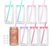 Tswofia Paquete de 8 tarros de plástico de doble pared de 473 ml con tapa y popote, tarro de cristal para manualidades, regalos de purpurina, colores surtidos