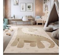 TT Home Alfombra habitación Infantil Alfombra Juego Efecto Alto-bajo Motivo Dino Estructura Bucle Suave Tonos Naturales Fácil, Tamaño:120x160 cm