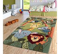 TT Home Alfombra Habitación Infantil Animales Jungla Jirafa León Mono Hipopótamo Verde, Tamaño:Ø 120 cm Redondo