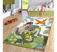TT Home Alfombra Habitación Infantil Verde Dinosaurios Selva Volcán Efecto 3D Pelo Corto, Tamaño:120x170 cm