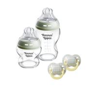 TT Set de regalo NS de cristal para recién nacidos, biberones anticólicos de 150 ml y 250 ml con tetina de flujo lento y Extralento, y 2x chupetes Ultimate Fit de 0-6 mese, autoesterilización