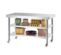 TT-YEC Banco De Trabajo De Cocina Comercial De 2/3 Niveles, Mesa De Preparación De Alimentos De Acero Inoxidable con Ruedas Bloqueables, Color Plateado,Bl70×w60×h80cm