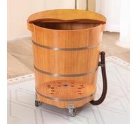TT-YEC Bañera De Madera De Madera, Bañera De Pie Redonda Con Tapa Y Bola De Masaje, Ruedas Universales, Bañera De Baño De Madera Natural Espesada, Baño De Pies Multipropósito,H40cm