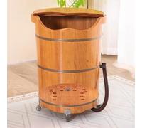 TT-YEC Bañera De Madera De Madera, Bañera De Pie Redonda Con Tapa Y Bola De Masaje, Ruedas Universales, Bañera De Baño De Madera Natural Espesada, Baño De Pies Multipropósito,H50cm