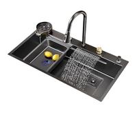 TT-YEC Fregadero grande de barra de acero inoxidable de un solo cuenco, fregadero de cocina de acero inoxidable negro, fregadero empotrado con válvula angular, grifo extraíble, estante de drenaje