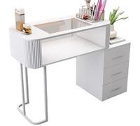 TT-YEC Mesa De Manicura Con Estructura De Metal Blanco, Mesa De Manicura De Doble Capa Con Cajones Y Tapa De Cristal Transparente, Estación De Trabajo De Salón De Belleza,Bl80cm