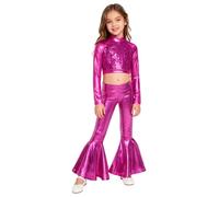 TTAO Disfraz de danza brillante para niños y niñas, con pantalones de percusión, hip hop, jazz, ropa de calle, disfraz de danza de 5 a 16 años, Rosa intenso., 134-140