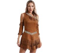 TTAO Mini vestido sin mangas para mujer, de ante sintético, con un par de calentadores de brazo, disfraz de india americana nativa americana, salvaje occidental, marrón, L