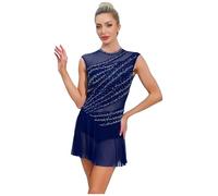 TTAO Vestido de baile para mujer, vestido de patinaje artístico, strass, sin mangas, traje de ballet, tango, malla, patchwork, camiseta, vestido, patinaje sobre hielo, competiciones, azul marino, S