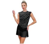 TTAO Vestido de baile para mujer, vestido de patinaje artístico, strass, sin mangas, traje de ballet, tango, malla, patchwork, camiseta, vestido, patinaje sobre hielo, competiciones, Negro , M
