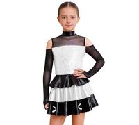 TTAO Vestido de ballet para niña de manga larga con lentejuelas, body con volantes, tutú, falda de baile, maillot de gimnasia, ropa de danza moderna, Blanco, 170