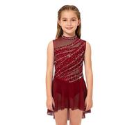 TTAO Vestido de patinaje sobre hielo para niños y niñas, vestido de baile, vestido de patinaje artístico, sin mangas, traje de ballet, tango patchwork, ropa para patinaje sobre hielo, granate, 134-140
