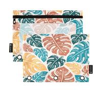 Ttgoth Estuche para lápices de 3 Anillas, Hojas de Palma, Estuche con Cremallera Transparente para lápices, Bolsa de cosméticos, Paquete de 2, a, 15.5X24.5cm, Moderno