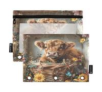 Ttgoth Estuche para lápices para Carpeta de 3 Anillas, Carpeta de Vaca de Las Tierras Altas, Estuche para lápices con Cremallera Transparente para Bolsa de cosméticos, Paquete de 2, a, 15.5X24.5cm,