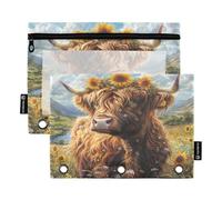 Ttgoth Estuche para lápices para Carpeta de 3 Anillas, Carpeta de Vaca de Las Tierras Altas, Estuche para lápices con Cremallera Transparente para Bolsa de cosméticos, Paquete de 2, a, 15.5X24.5cm,