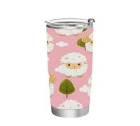 Ttgoth Lindo vaso de oveja con tapa de pajita, 600 ml, taza de viaje aislada al vacío, taza de café de acero inoxidable de doble pared para bebidas frías y calientes