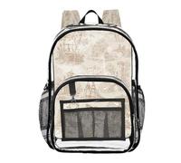 Ttgoth Mochila transparente con patrón Toile resistente aprobada para estadios, mochila transparente con múltiples bolsillos para escuela, seguridad, trabajo y viaje