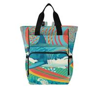 Ttgoth Surfing Shark - Mochila para pañales impermeable con soportes aislados para biberones, mochila de viaje con correas para cochecito para mamá y papá