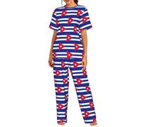 TTIGLHOH Conjunto de pijama de 2 piezas con estampado de bandera cubana para mujer, camiseta de manga corta con cuello redondo y pantalones, conjunto de pijama suave, Negro, L