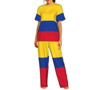 TTIGLHOH Conjunto de ropa de dormir con estampado de bandera de Colombia para mujer, 2 piezas, camiseta de manga corta con cuello redondo y pantalones, conjunto de pijama suave, Negro, M