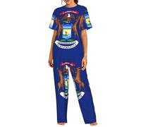 TTIGLHOH Conjunto de ropa de dormir de 2 piezas con estampado de la bandera del estado de Michigan para mujer, camiseta de manga corta con cuello redondo y pantalones, conjunto de pijama suave, Negro
