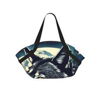 TTIGLHOH Manta de playa redonda con estampado de luna nocturna de lobo, se pliega en una bolsa de mano, resistente al desgarro, alfombra de 94 cm, festival de camping