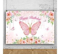 Ttincceer 150x120cm Feliz cumpleaños Mariposa telón de Fondo Rosa Flor Mariposa fotografía Fondo Oro Brillante Oro Rosa Borla Fondo Fiesta de cumpleaños Banner