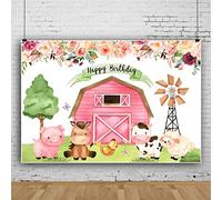 Ttincceer 150x120cm Feliz cumpleaños telón de Fondo Animal Granja Rosa Granja fotografía Fondo de Dibujos Animados Cerdo Leche Vaca Cabra fotografía telón de Fondo bebé Ducha decoración Banner