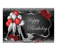 Ttincceer 150x120cm Feliz cumpleaños telón de Fondo Plata Tacones Brillantes champán Rojo Rosa fotografía Fondo para niña señoras Mujeres Fiesta de cumpleaños decoración Banner
